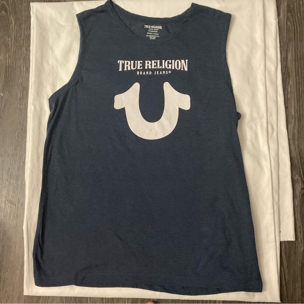 True Religion Blue/White Sleeveless Muscle T-Shirt XL Casual Preppy Classic Tank - Picture 3 of 6